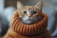 Orange tabby cat wearing a cozy knitted sweater and scarf, looking directly at camera with curious expression. Perfect for pet, winter, and lifestyle content.