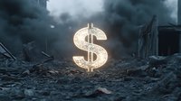 Glowing dollar sign symbol illuminating dark apocalyptic ruins and debris, dramatic stormy sky background creates moody financial crisis concept.