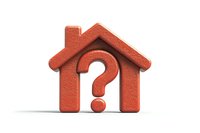Red house silhouette with question mark symbol on white background, representing real estate uncertainty, property decisions and housing market challenges.