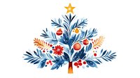 Watercolor Christmas tree decorated with red baubles and golden star topper, featuring blue branches and festive berries in folk art style on white background.