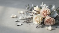 Elegant bridal bouquet with soft pink and cream roses, eucalyptus leaves and lavender sprigs on neutral background with scattered petals for wedding decor.