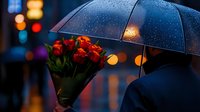 Red tulip bouquet under black umbrella on rainy evening with bokeh city lights creating romantic atmosphere. Raindrops on umbrella add magical glow to urban scene.