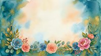 Watercolor floral frame with roses and leaves in pink, blue, and gold tones on a soft pastel background, perfect for cards and invitations.