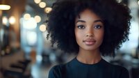 Young African American woman with natural curly afro hair in dark top against blurred background with bokeh lights, looking confidently at camera.