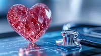 Crystal red heart and medical stethoscope on blue background, healthcare concept for cardiology, heart disease prevention and medical examination.