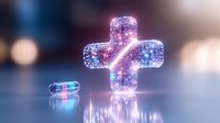 Glowing medical cross and pill with sparkle effect in pink and blue neon colors against dark background, modern healthcare concept for pharmaceutical design.