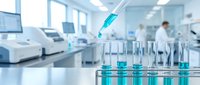 Laboratory pipette dispensing blue solution into test tubes with medical equipment and researchers working in sterile clinical environment background.