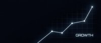 Upward trending line graph with glowing nodes on dark background showing business growth and financial success metrics.