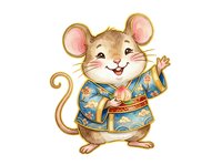 Cheerful cartoon mouse wearing traditional Asian blue and gold robe, waving paw, isolated on white background for children's books, greeting cards, and design projects.