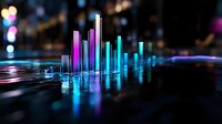 Glowing neon bar graph visualization with blue and purple light columns reflecting on dark glossy surface against blurred city lights background.