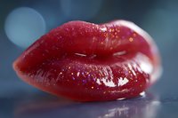 Glossy red lips with sparkly glitter makeup in macro shot against blurred background, showing glamorous beauty detail and professional cosmetics application.