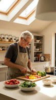 Senior Caucasian man with gray hair wearing apron chopping fresh vegetables on wooden cutting board in bright modern kitchen with skylights for healthy cooking.