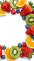 Fresh mixed fruits frame on white background with strawberries, kiwi, orange slices, blueberries and raspberries for healthy eating and nutrition concepts.
