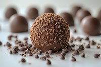 Chocolate truffle candy coated in dark chocolate sprinkles on white surface with scattered chocolate chips and more truffles in soft focus background.