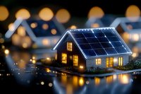 Miniature house with solar panels on roof glowing at night, illuminated windows creating warm atmosphere against bokeh lights background. Green energy concept.