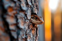 Small brown lizard peeking out from tree bark crevice in warm autumn forest light. Wildlife nature photography with shallow depth of field and bokeh background.