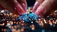 Futuristic manicured fingers touching glowing digital circuit with blue light emanating between them, surrounded by golden bokeh lights on dark background.