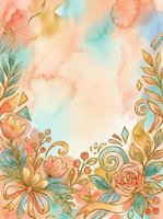 Watercolor floral frame with hand-drawn botanical elements in coral, gold, and turquoise tones on cream background. Decorative border design for invitations, greeting cards, and stationery projects.