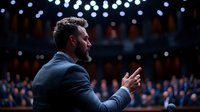Middle-aged male speaker with dark hair and beard, wearing navy blazer, gesturing expressively while addressing large audience in auditorium with bokeh lighting. Suitable for business presentations, conferences, motivational content, and corporate training materials.