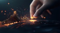 Finger touching digital interface with glowing orange particles and wave visualization, creating futuristic technology interaction on dark background.