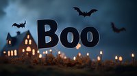 Spooky Halloween scene with glowing BOO text, flying bats and illuminated paper houses against dark blue background, surrounded by warm candlelight.