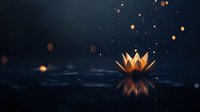 Glowing golden lotus flower floating on dark water surface with magical bokeh lights and reflections, creating mystical atmosphere for meditation and wellness.