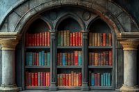 Ancient arched bookshelf with colorful vintage books in gothic library setting, stone columns framing ornate wooden shelving.