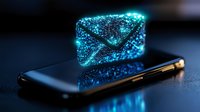 Glowing blue digital envelope hologram floating above smartphone screen, symbolizing electronic communication and digital mail technology in dark setting.