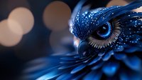Mystical blue owl with glowing eye and detailed feathers against dark background with bokeh lights, creating magical fantasy atmosphere.