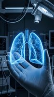 Medical professional in sterile gloves holding holographic lung scan with anatomical details and measurement overlays in modern healthcare facility setting.