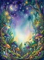 Enchanted forest clearing at night with glowing mushrooms, magical plants, and crescent moons in starry sky. Whimsical woodland fantasy scene for children's books and creative projects.