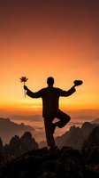 Silhouette of a monk balancing on one leg atop a mountain peak at sunset, holding a lotus flower, with misty valleys and golden sky.