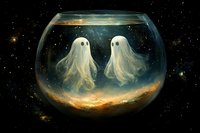 Ethereal ghost spirits floating in cosmic fishbowl against starry universe background, glowing supernatural entities in glass sphere with golden nebula base.