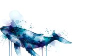 Watercolor whale with blue paint splashes and drips on white background. Marine mammal art for ocean themed designs and nautical decor projects.