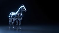 Futuristic robotic horse with glowing blue lights and metallic chrome finish standing on dark background for technology and innovation concepts.