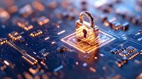 Glowing padlock on computer circuit board with orange light effects represents digital security and data protection in technology concept.