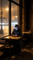 Woman sitting alone at wooden table in cafe by rainy window at night, wearing black jacket, looking at phone. Urban solitude and evening atmosphere for lifestyle and technology concepts.
