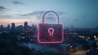 Glowing pink padlock hologram against blurred city skyline at dusk, symbolizing digital security and data protection in modern urban environment.