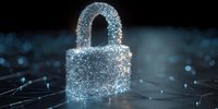 Glowing digital padlock made of light particles on dark network background, symbolizing cybersecurity and data protection in technology.