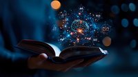 Digital transformation concept with glowing network icons emerging from open book representing knowledge, education technology and online learning solutions.
