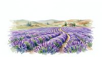Watercolor lavender field landscape with rolling hills, farmhouse, and cypress trees, painted in soft purple and green tones on white background.