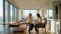 Two professional businesswomen collaborating at modern conference table in bright office with city skyline view through floor-to-ceiling windows.