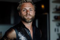Confident Caucasian male model with beard and blonde hair wearing black sequined outfit smiles warmly in atmospheric lighting, expressing joy and charisma.