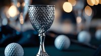 Crystal wine glass with diamond pattern on dark background with golf balls and soft bokeh lights creating luxurious atmosphere for sports bar design.
