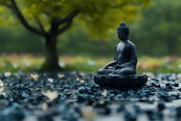 Serene Buddha statue in lotus position on stone garden with blurred green trees in background, creating peaceful meditation atmosphere.