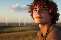 Young man with curly hair looking thoughtfully at wind turbines during golden hour sunset, renewable energy and environmental sustainability concept.