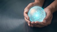 Hands holding glowing sphere with digital particles and light effects, representing innovation, technology, future vision, data network, and business solutions for corporate projects.