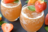 Refreshing strawberry smoothie in glass with mint garnish, surrounded by fresh fruit slices on dark background. Perfect for healthy breakfast menus.