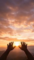 Hands reaching toward golden sunset sky with dramatic clouds, spiritual worship and prayer concept for meditation and faith backgrounds.