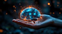 Glowing blue brain hologram floating above open palm with magical sparkles and energy particles against dark background. Concept of artificial intelligence and mind power.